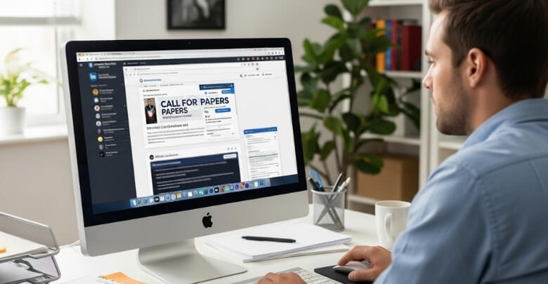A man promoting a conference Call for Papers on his laptop, sharing details across academic platforms and social media, open tabs showing university portals, LinkedIn, and the official conference website, seated in a well-lit office with organized desk and focused expression. 